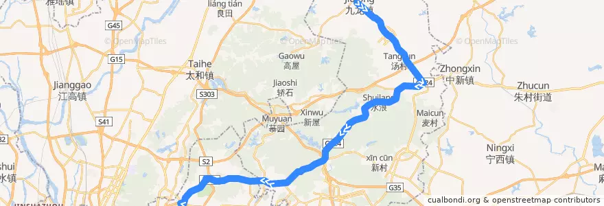 Mapa del recorrido 345路(九龙镇政府总站-天河客运站总站) de la línea  en 広州市.