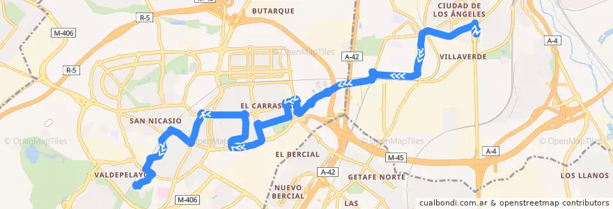 Mapa del recorrido Bus 432: Madrid (Villaverde Bajo) - Leganés de la línea  en Área metropolitana de Madrid y Corredor del Henares.