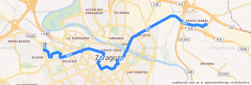 Mapa del recorrido Bus 32: Bombarda => Santa Isabel de la línea  en Zaragoza.