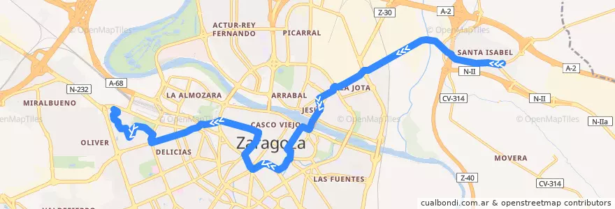 Mapa del recorrido Bus 32: Santa Isabel => Bombarda de la línea  en Saragossa.