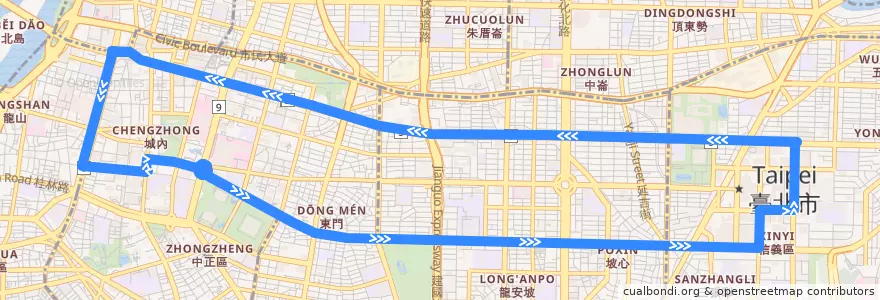 Mapa del recorrido 臺北市雙層觀光巴士紅線 de la línea  en Taipei.