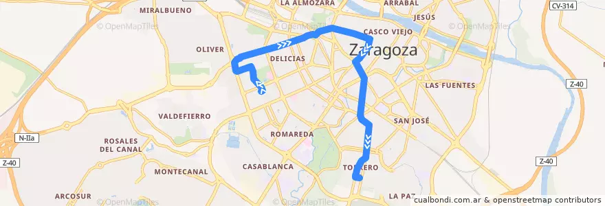 Mapa del recorrido Bus 33: Delicias => Pinares de Venecia de la línea  en Zaragoza.