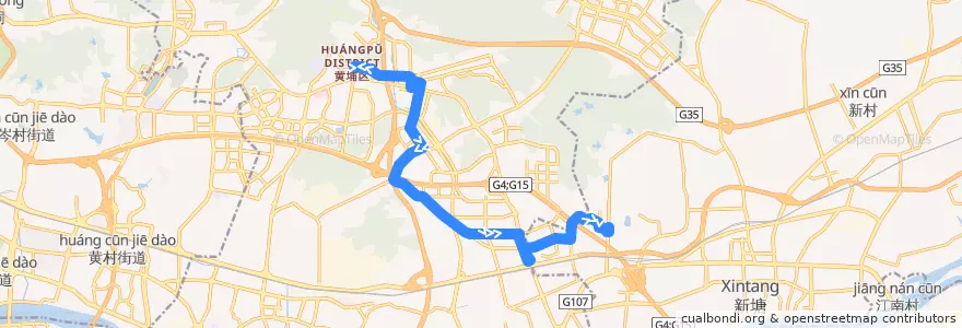 Mapa del recorrido 358路(萝岗中心区总站-湖山国际公交总站) de la línea  en 黄埔区.