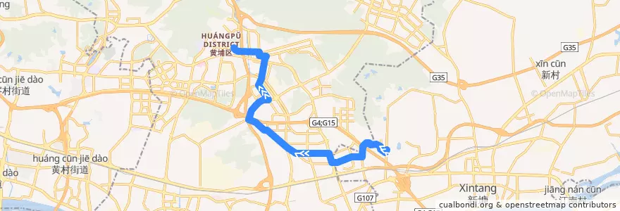 Mapa del recorrido 358路(湖山国际公交总站-萝岗中心区总站) de la línea  en Huangpu District.