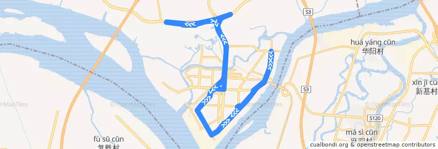 Mapa del recorrido 363路[保税区(酒博城)总站环线] de la línea  en 黄埔区.