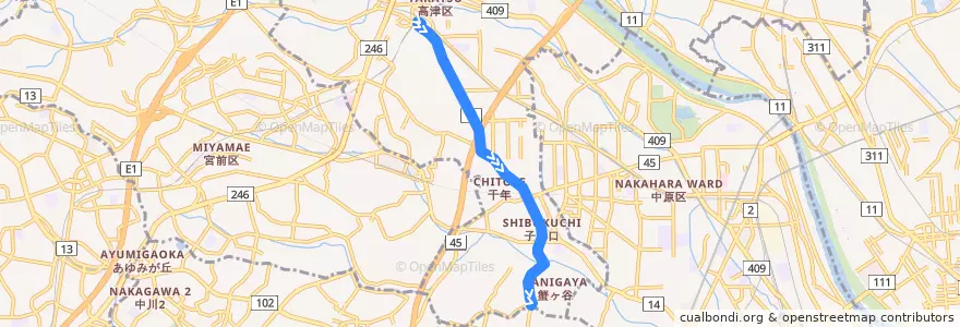 Mapa del recorrido 子母口線　溝の口駅南口 => 蟹ヶ谷 de la línea  en 高津区.