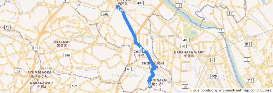 Mapa del recorrido 子母口線　蟹ヶ谷 => 溝の口駅南口 de la línea  en 高津区.