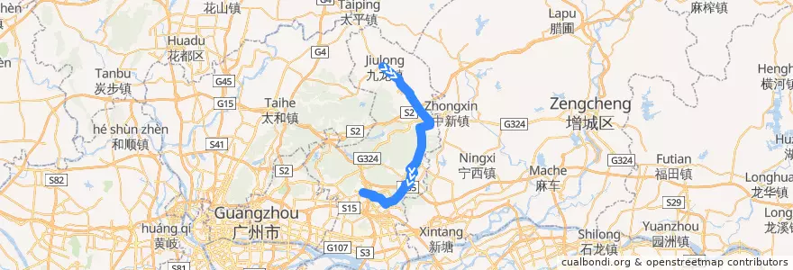 Mapa del recorrido 365路(九龙镇政府总站-萝岗中心区总站) de la línea  en 黄埔区.