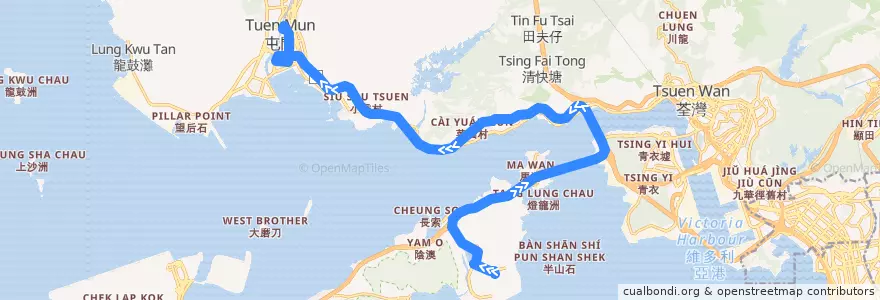 Mapa del recorrido 龍運巴士R33線 Long Win Bus R33 (迪士尼樂園 Disneyland → 屯門站 Tuen Mun Station) de la línea  en 新界 New Territories.