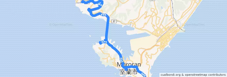 Mapa del recorrido げんき館地球岬団地線 de la línea  en 室蘭市.