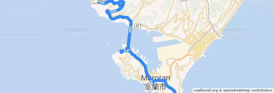 Mapa del recorrido げんき館地球岬団地線 de la línea  en 室蘭市.