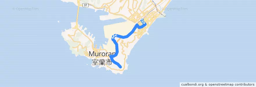 Mapa del recorrido 東室蘭駅東口地球岬団地線 de la línea  en 室蘭市.