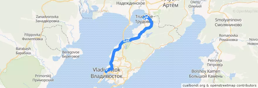 Mapa del recorrido Автобус 102т: Станция Угольная - площадь Семёновская de la línea  en Владивостокский городской округ.