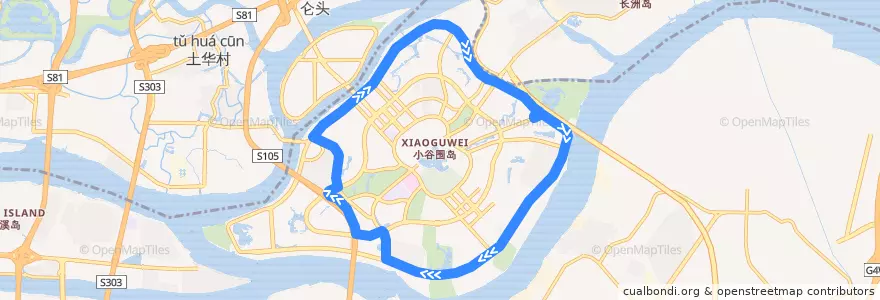 Mapa del recorrido 380A路(大学城广中医总站环线顺时针方向) de la línea  en 番禺区.