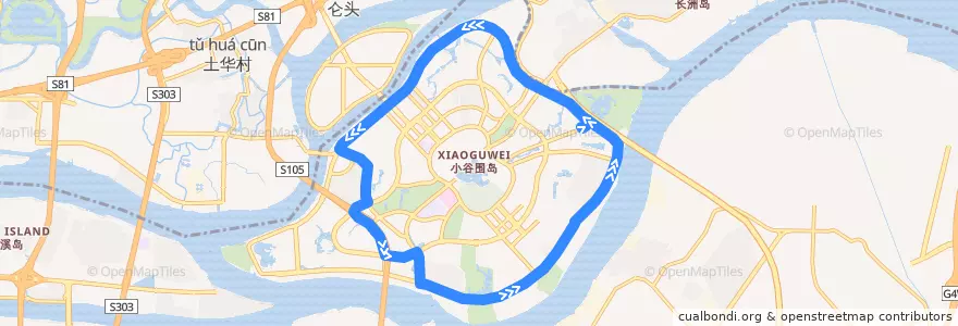 Mapa del recorrido 380B路(大学城广中医总站环线逆时针方向) de la línea  en 番禺区.