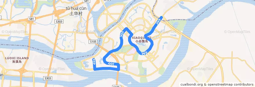 Mapa del recorrido 383路(大学城科学中心总站-长洲码头总站) de la línea  en Xiaoguwei Subdistrict.