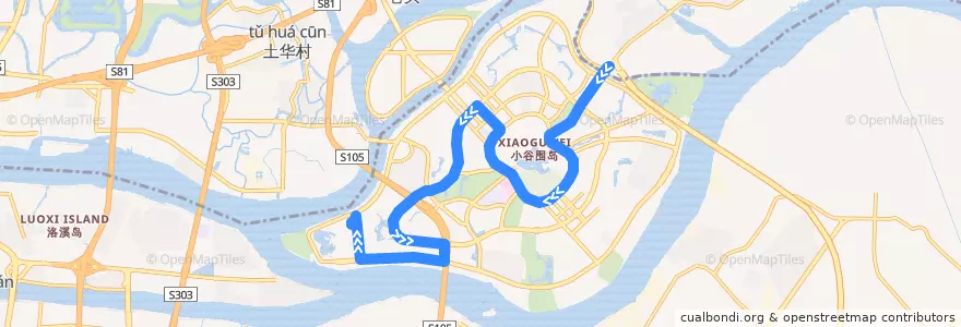 Mapa del recorrido 383路(长洲码头总站-大学城科学中心总站) de la línea  en Xiaoguwei Subdistrict.