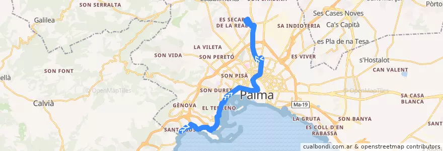 Mapa del recorrido Bus 20: Sant Agustí → Son Espases de la línea  en Palma.