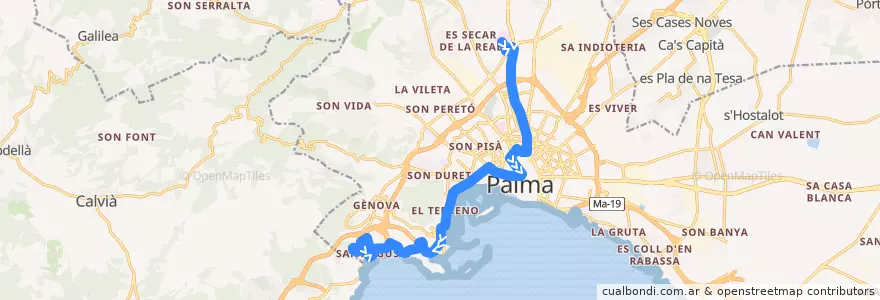 Mapa del recorrido Bus 20: Son Espases → Sant Agustí de la línea  en Palma.