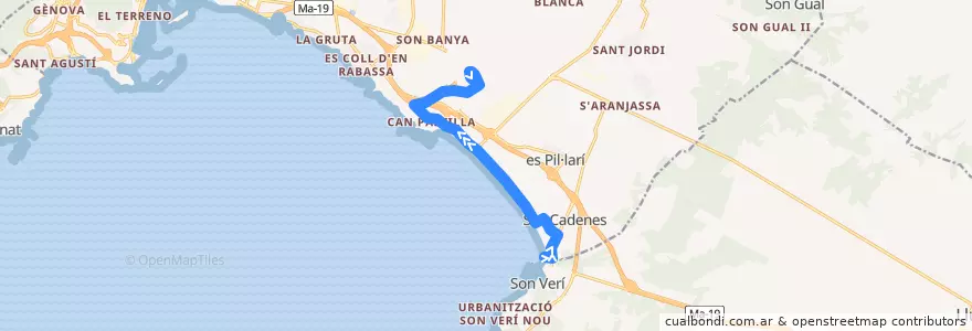 Mapa del recorrido Bus 21: S'Arenal → Aeroport de la línea  en Palma.