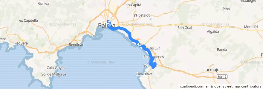 Mapa del recorrido Bus 23: Plaça d'Espanya → S'Arenal de la línea  en پالما.