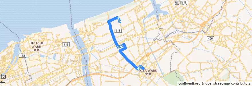 Mapa del recorrido 芋黒線 de la línea  en 北区.