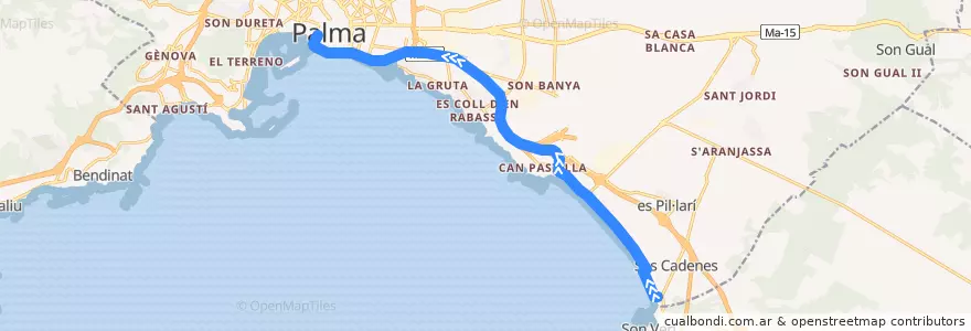 Mapa del recorrido Bus 25: S'Arenal → Plaça de la Reina de la línea  en پالما.