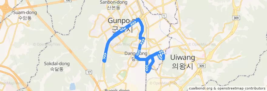 Mapa del recorrido 군포 마을버스 5 de la línea  en 군포시.