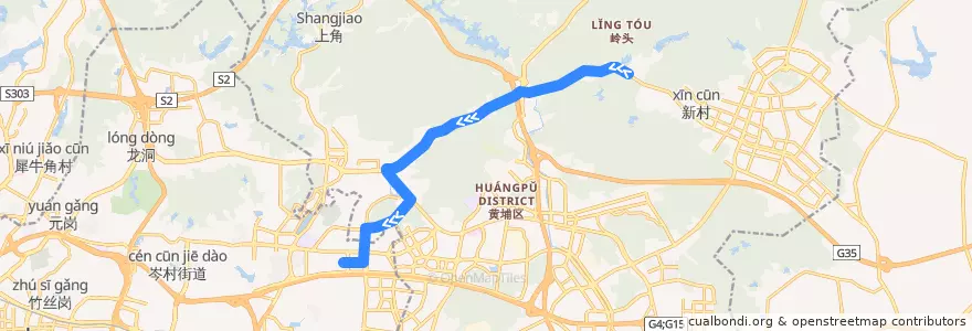 Mapa del recorrido 396路(岭头总站-科学城彩频路总站) de la línea  en 黄埔区.