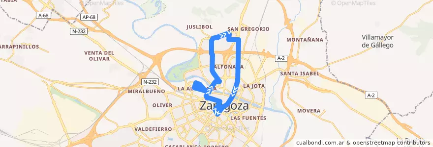 Mapa del recorrido Bus N2: Plaza Aragón - La Almozara - Actur-Rey Fernando - Parque Goya - Arrabal de la línea  en Сарагоса.