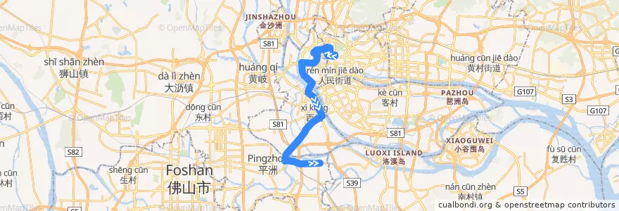 Mapa del recorrido 275A路[解放北路(应元路口)总站-保利西雅图总站] de la línea  en 広州市.