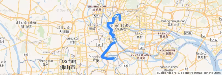 Mapa del recorrido 275A路[保利西雅图总站-解放北路(应元路口)总站] de la línea  en 広東省.