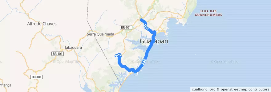 Mapa del recorrido 026 Taquara do Reino x Trevo BR 101 via Lameirão de la línea  en Guarapari.
