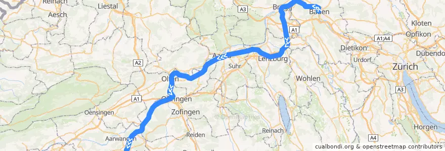 Mapa del recorrido S23: Baden => Langenthal de la línea  en Schweiz/Suisse/Svizzera/Svizra.