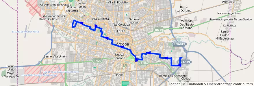 Mapa del recorrido 7 de la línea E (Celeste) en Municipio de Córdoba.