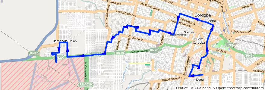 Mapa del recorrido 7 de la línea C (Amarillo) en Municipio de Córdoba.