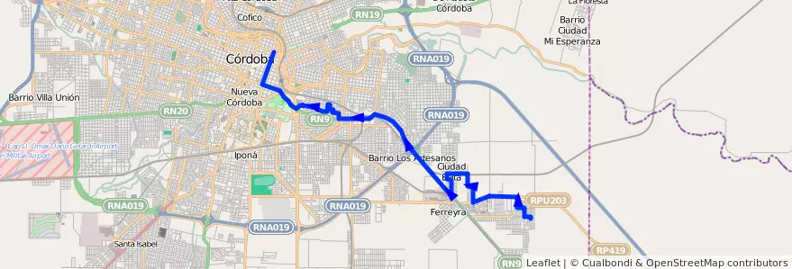 Mapa del recorrido 7 de la línea N (Naranja) en Municipio de Córdoba.