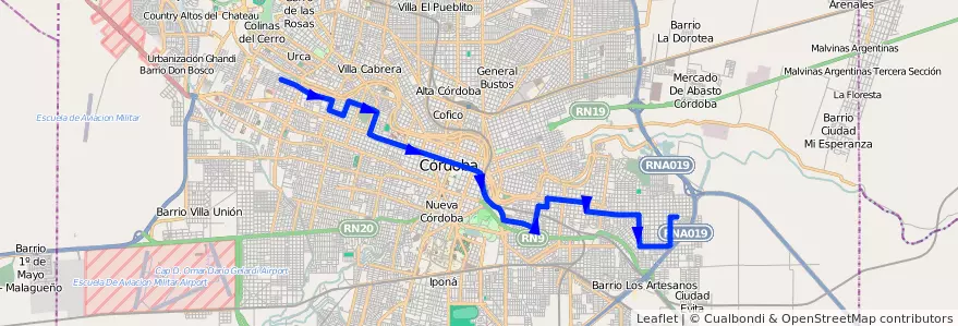 Mapa del recorrido 7 de la línea E (Celeste) en Municipio de Córdoba.