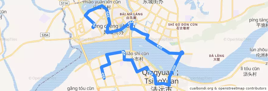 Mapa del recorrido 清远122路公交（茶博城——西门塘公交总站） de la línea  en 清城区 (Qingcheng).