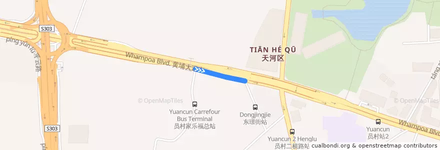 Mapa del recorrido 401路环线下半环(员村家乐福-员村同乐花园总站) de la línea  en 天园街道.