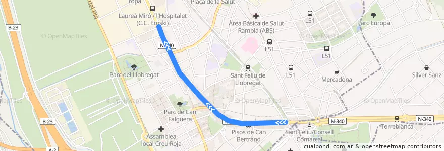 Mapa del recorrido L64 Barcelona - Martorell de la línea  en Baix Llobregat.