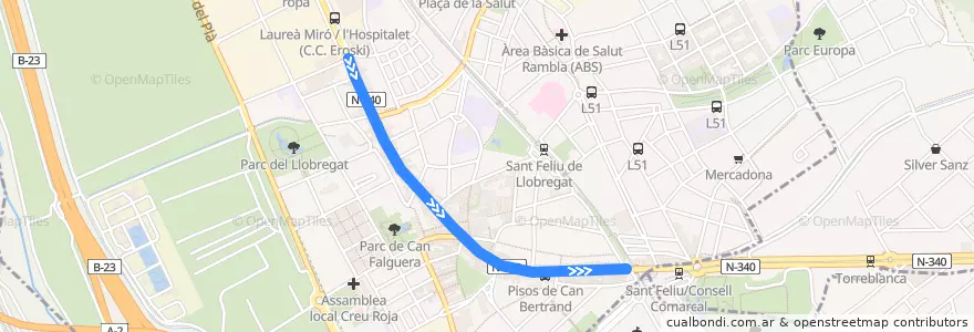 Mapa del recorrido L57 Barcelona - Vallirana de la línea  en Baix Llobregat.