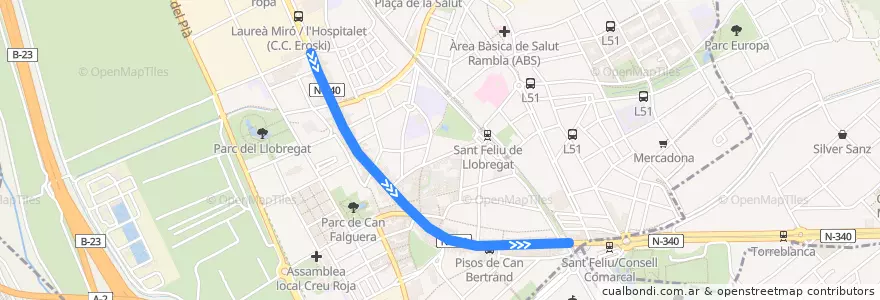 Mapa del recorrido L50 Barcelona - Avinyonet de la línea  en Baix Llobregat.
