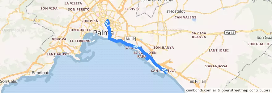 Mapa del recorrido Bus 30: Can Pastilla → Plaça d'Espanya de la línea  en پالما.