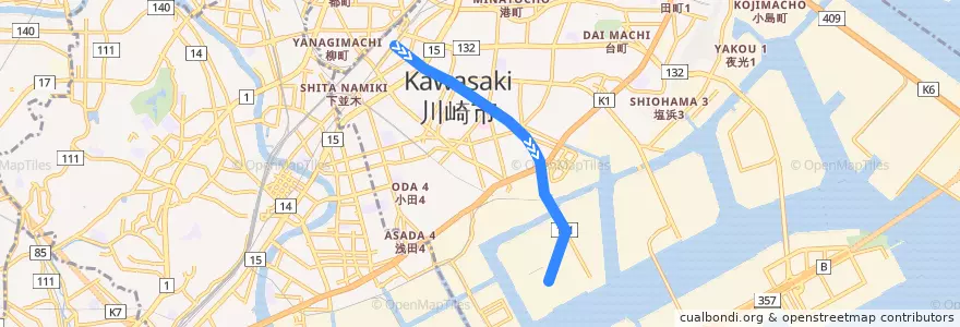 Mapa del recorrido 川22 川崎駅～三井埠頭 de la línea  en Kawasaki Ward.