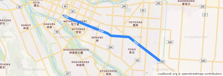 Mapa del recorrido [18]共栄・1条線 de la línea  en 旭川市.
