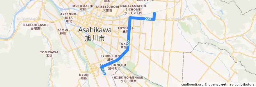 Mapa del recorrido [73]南高校・東旭川線 de la línea  en Asahikawa.