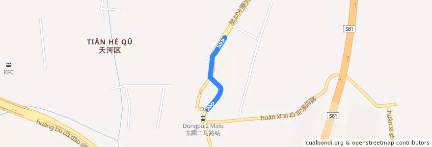Mapa del recorrido 402路(地铁三溪站总站-东圃大马路) de la línea  en 天河区.
