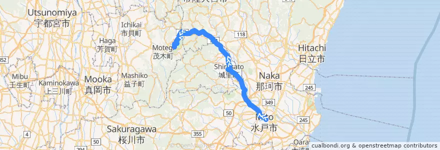 Mapa del recorrido 茨城交通バス45系統 水戸駅⇒石塚⇒ツインリンクもてぎ de la línea  en 茨城県.