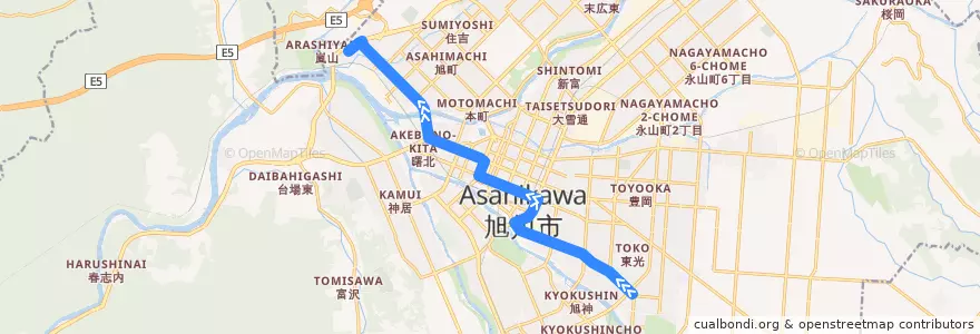 Mapa del recorrido [33]東光・近文線 de la línea  en 旭川市.
